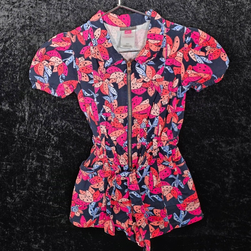 Vince Camuto Kids Girls Navy Pink Floral Zip Front Cotton Romper Size 6